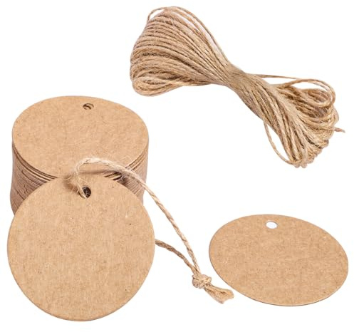 100 etiquetas de regalo redondas, 5 cm, etiquetas de papel kraft para escribir con 20 m de cuerda de yute, etiquetas de precios, etiquetas de papel para manualidades, bodas, Navidad, fiestas