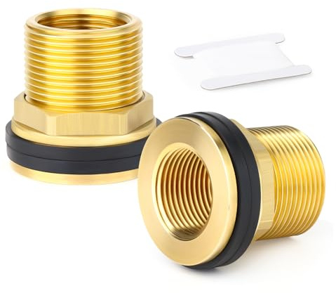 ERGAOBOY 2 Piezas de Conector de Tanque de Agua de pasamuros de latón, 3/4 BSP Macho - 1/2 BSP Hembra con 2 Anillos de Goma para barriles de Lluvia, acuarios, cubetas