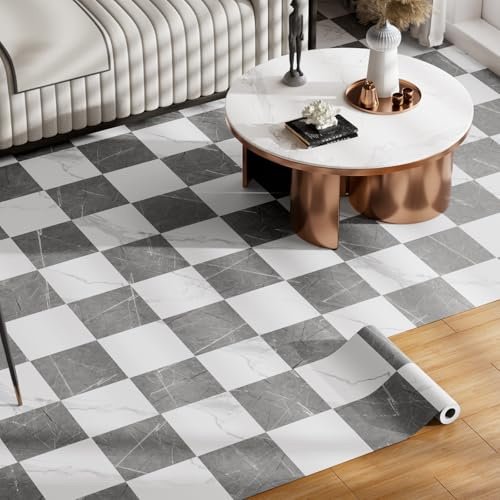 Durteljana Peel and Stick Floor Tile Vinyl Flooring Roll Self Adhesive 23x 393/64 Sq.Ft Linoleum Laminate Flooring Roll Grey&White Marble Color Waterproof Floor Sticker for Home Room Improvement