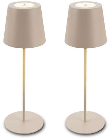 BRILONER - Set di 2 lampade da tavolo LED senza fili con touch, dimmerabili a livelli, regolabili in altezza, lampada da scrivania senza fili, lampada ricaricabile, comodino, 12x36 cm, beige