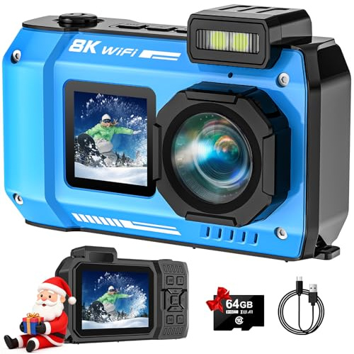SPUNALP UHD 8K Underwater Camera, 70MP 33FT WiFi Waterproof Digital Camera with 64GB Card, Auto Focus Waterproof Dual-Screen Selfie 2500mAh Battery, 18X Floatable Digital for Snorkeling