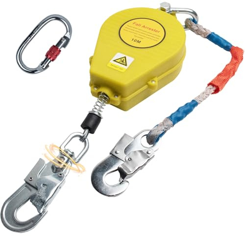 Aocay Imbracatura di Sicurezza Anticaduta Tetto, Dispositivo Anticaduta Retrattile Certificato 10 mt/15 mt/20 mt, 150kg Corda di Sicurezza Anticaduta Retrattile Tetto/Lavoro Aereo(Giallo,10m)