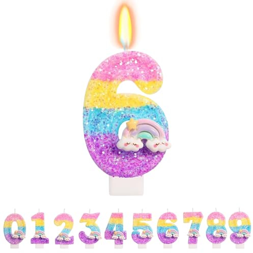TESGADGETS Velas de arcoíris con número 6 – Colorido adorno para pastel de cumpleaños, ideal para la decoración del sexto cumpleaños de niñas y niños