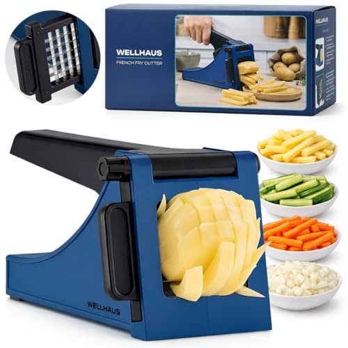 WELLHAUS Coupe-Frites - Trancheuse de Pommes de Terre en Acier Inoxydable avec support, Coupe-frites Manuel Multifonction pour Frites Maison, Fruits et Légumes