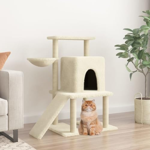 Runheo Arbre à chat avec colonnes à gratter en sisal, tronc de meubles d'escalade, tour de jeu avec grotte, hamac, plateforme en peluche pour salon, balcon, coin intérieur, crème, 96,5 cm, stable et