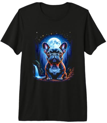 Adorable Bouledogue français sous la Pleine Lune et Cascade T-Shirt Haut de Gamme