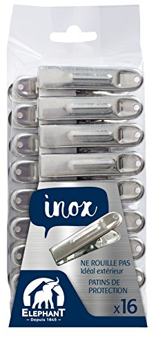 ÉLÉPHANT Maison - Pinces à Linge INOX x16 - Solides & Antirouille - Patins de Protection, Idéales pour Extérieur, Haute Résistance Humidité - Tout Type de Linge - Haute Qualité