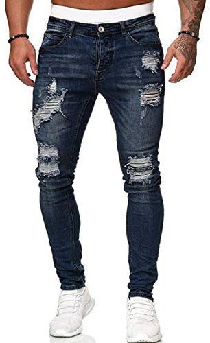 Jeans da uomo skinny strappati elasticizzati, in denim effetto usurato con buchi distrutti, super comodi, Blu scuro, XL