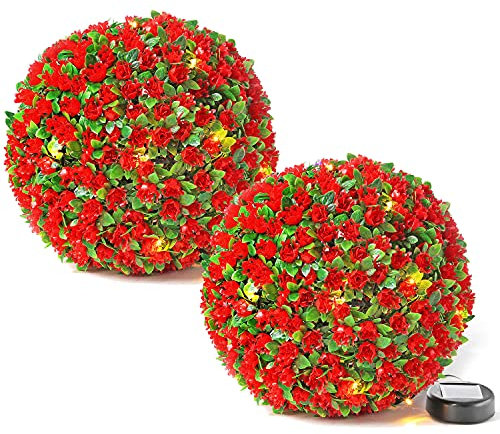 Taylor & Brown 28cm Solar Powered 20 LED Rose Artificial Topiary Ball Hanging Ornament Boxwood Garden Ultra Bright Light Decorative Two Functions (2 Pack, Red)