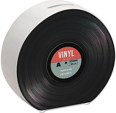 Spardose aus Keramik im Retro Vinyl Schallplattendesign RocknRoll-Stil schönes Sparschwein als Geschenkidee für einen Musikfan der 70er und 80er Sparbüchse sparen Schallplatte