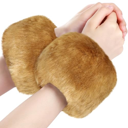 SATINIOR Faux Fur Short Wrist Cuff Winter Fuzzy Wrist Cuff Warmers for Women Girls Favors(Brown)