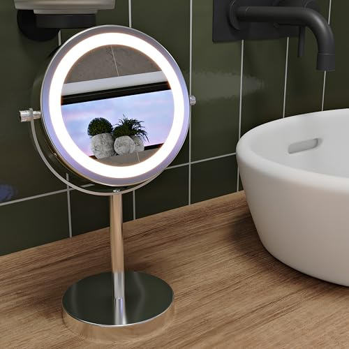 Croydex Chrome Illuminated Battery Operated Pedestal Mirror with 3X Magnifying, H:30cm x W:12cm x D:18cm, MM703000E