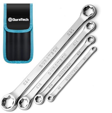 DURATECH Juego de llaves E-Torx de 4 piezas, juego de llaves de doble caja, acero CR-V, incluyendo E6 x E8, E10 x E12, E14 x E18 y E20 x E24, organizadas en bolsa