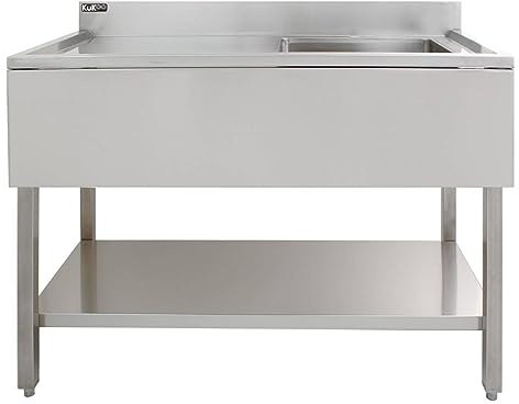 Catering Sink Stainless Steel Commercial Kitchen Restaurant Bar Utility Single Bowl Left Hand Drainer Free Standing Lower Storage Shelf Adjustable Feet Splashback 90 x 120 x 60cm Free Strainer Plug