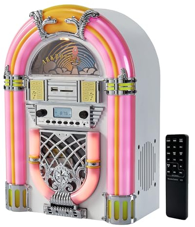 arkrocket Athena - Mini jukebox / lettore CD / altoparlante Bluetooth / radio / USB e lettore SD Card con sistema di illuminazione a LED retrò (rosa bianco)