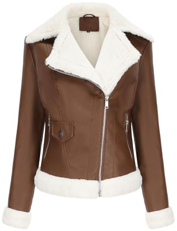 Women's Leather Jacket Warm Fleece Winter Bomber Jacket Coat Windbreaker Thick Lapel Collar Motorcycle Leather Jacket,Coffee,M