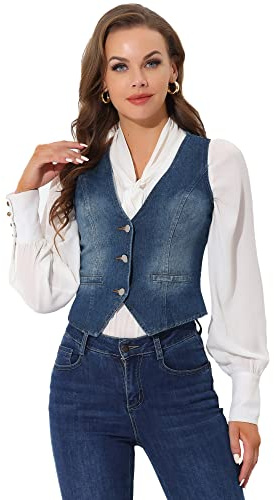 Allegra K Chaleco de mezclilla para mujer con cuello en V y botones sin mangas, informal, chaqueta vaquera Azul Oscuro 3XL