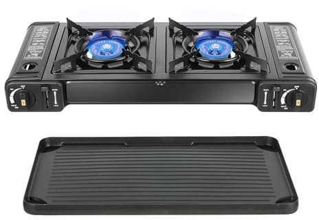 Double Burner Butane Stove, Butane Camping Stove Kit with Baking Pan and Carrying Case, Portable Camping Burner for RV, Apartments, Outdoor