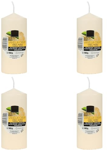 Set de 4 Candele Profumate Crema alla Vaniglia, Candela Beige a Colonna Profumada 11x4.7cm, Candela Profumada 25 Ore di Combustione