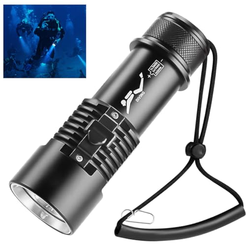 WholeFire Linterna de buceo 8000 lúmenes IPX8 impermeable linterna de buceo, 3 modos de linterna subacuática recargable, equipo de buceo con batería y cargador para natación, camping