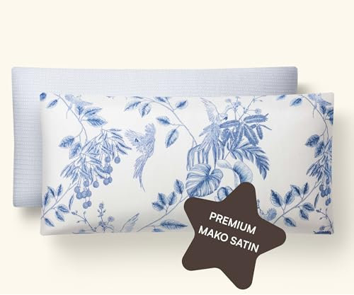 Amqua Mako Satin Kopfkissenbezug 40x80 Baumwolle (2er Set) Blau Weiß Blumen | Satin Kissenbezug 80x40| 40x80cm Kissenbezug weich wie Seidenkissenbezug 40 x 80| Arisa