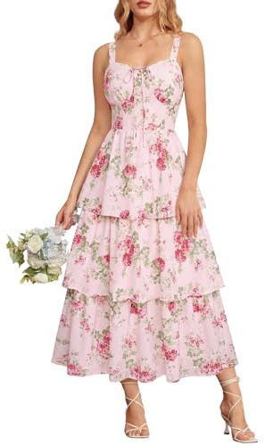Women's Wedding Guest Dresses Maxi Floral Dress Summer Ruffle Long Corset Milkmaid Dress Pink Rose Size 14
