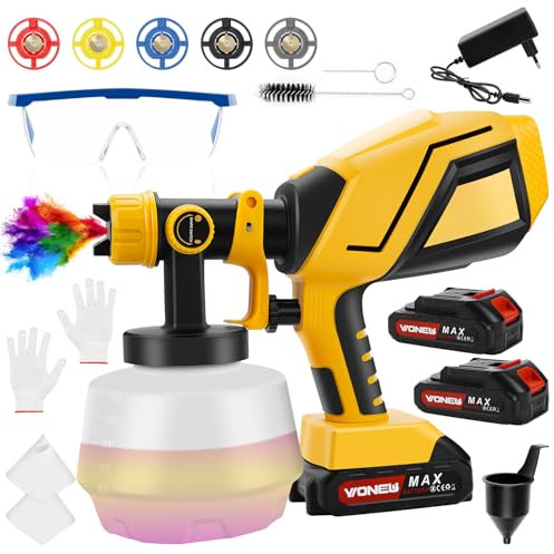 Pistola Pintura, 1200ml Sistema de Pulverización de Pintura con 2 Baterías y Adaptador, Compatible con Batería Makita de 18V, Pistola pintura Electrica Contenedor de 5 Boquillas para Cobertizos de Cer
