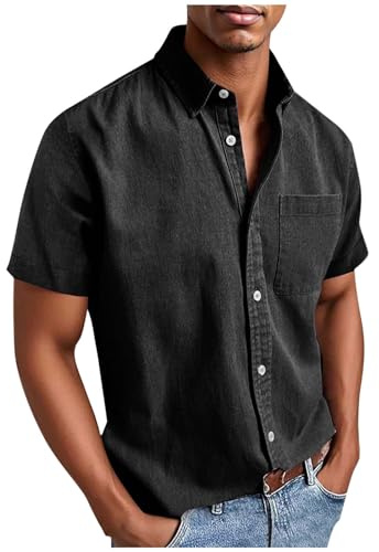 Chemise Homme Manches Courtes Chemise de Loisirs Sans Repassage Chemise Homme avec Poches Grandes Tailles Chemise Manches Courtes pour l'été Chemise Button Down Chemise d'été Coupe Droite, Noir , 3XL