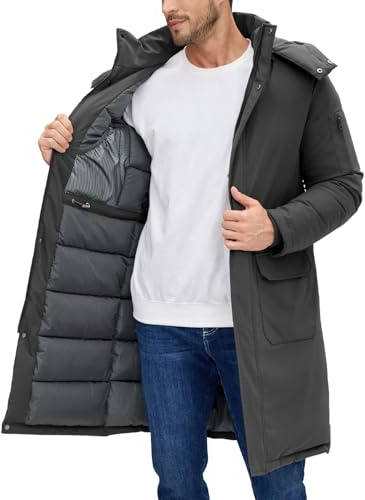Voqeen Giacca Invernale Uomo Lungo Caldo Giubbotto Parka Imbottito Termico con Cappuccio Rimovibile Cappotto con Cerniera e Tasche da Lavoro Antivento