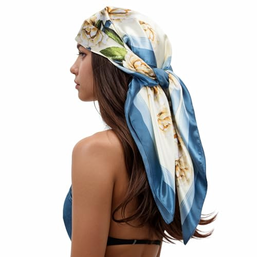 RIIQIICHY Head Hair Scarf for Women Like Silk Satin Large Square Printed Bandanas 35 Inch