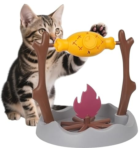 DFQ Cat Slow Feeder, Interactive Cat Puzzle Toy Treat Dispenser - BBQ Campfire Grill Design, Adjustable Rotating Roast Fish Flame Mental Stimulation Food Dispensing Toy for Indoor Cats Kittens
