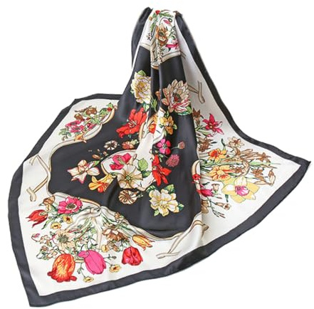 GLORIS sidenscarf dam elegant 90 x 90 cm sidenscarf hår sidenscarf halsduk dam siden elegant satinduk halsduk siden bandana duk huvuddukar halsduk, Svart med blommönster, 90X90 cm