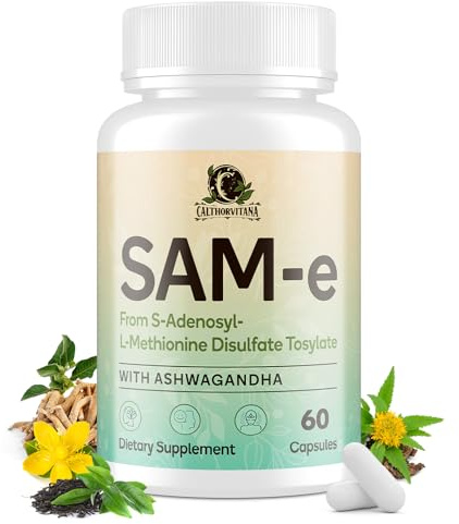 SAM-e Supplement – Capsule Complex with Ashwagandha Extract, L-Theanine, Rhodiola, St. John’s Wort, Omega-3 Fatty Acids, Magnesium, B Vitamins & D3, 60 Capsules