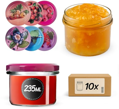 KADAX Lot de 10 bocaux à Confiture en Verre 235ml Ø82 – Couvercle à vis hermétique, pour confitures, gelées, Miel et conserves Maison