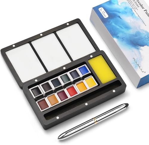 Fuumuui Watercolor Paint Set, 12 Watercolor Paints with Dual Tip Travel Watercolor Brushes Wooden Palette, Art Supplies for Painting, Travel Watercolor Set, Amateur Hobbyists