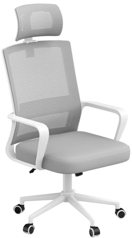 naspaluro Silla de Escritorio Ergonómica, Silla de Oficina con Reposacabezas Ajustable, Malla Transpirable, Silla para Ordenador de Altura Regulable, Silla Giratoria para Oficina en Casa, Gris Claro