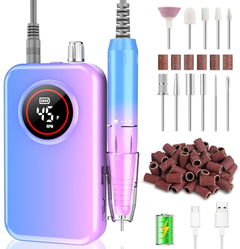 Nail Drill Professional, 45000 RPM Rechargeable Electric Nail File Kit for Acrylic & Gel Nails, Portable Manicure Pedicure Tool for DIY Home or Salon, with 11 Nail Drill Bits & Sanding Band Set