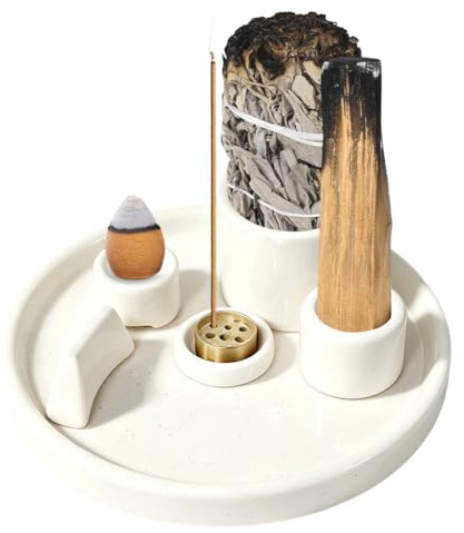 Hållare för rökelser, 5-i-1 multifunktionell keramisk rökelsehållare med askskål, rökelsekärl för förbränning av salvia, Palo Santo, rökelsekoner, för pinnar, yoga, meditation, Zen