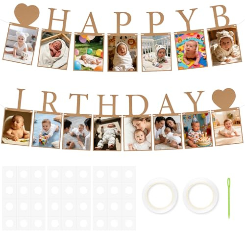 Alaoo Födelsedagsbaby fotobanderoll, fotogirlang för födelsedag, foton girlang födelsedagar med 1-12 månader baby för festdekor födelsedagsfest, grattis på födelsedagen brevdesign