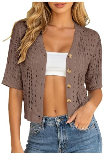 Cardigan Court Femme Col V Manches Courtes Tricot Ajouré Boutonné Léger Respirant Cropped Gilet Veste d'Été Plage Vacances Sorties Quotidiennes