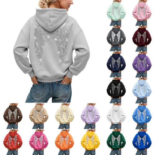 Sweat à Capuche Femme Pull Ange avec Ailes D'ange Strass et Poches Paillettes Hoodie Oversized Chic Femme Sweat-Shirt à Manches Longues Automne et Hiver Décontracté Chaud Streetwear Maison Sport Party