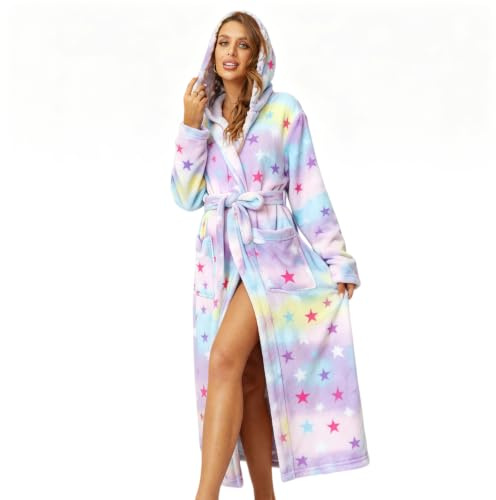 RONGTAI Women's Plush Hooded Robe Bathrobe-Fast Warmth for Home