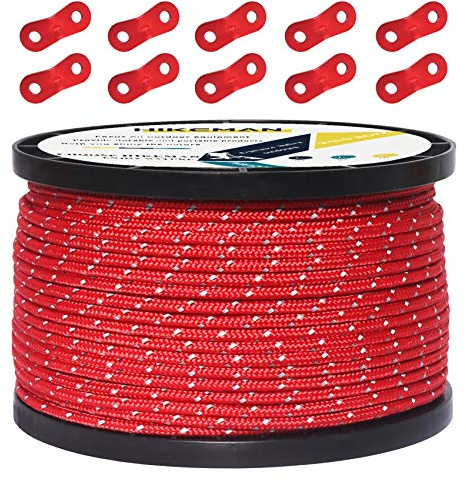 50M Reflective Cord Guy Ropes Outdoor Tent Guide Rope 100% Nylon Cord Wind Line with 10Pcs Aluminum alloy tensioners for Camping (red, Diameter 3 mm)