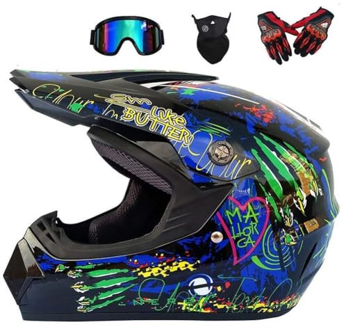 HTYG Casco da Motocross Uomo con Design Stampato, Casco Completo per Corsa Road, Set con Occhiali e Guanti per Adulti (S)