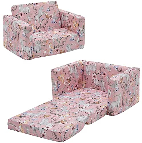 Ulax furniture Kids Convertible Sofas Children Flip-Out Sofa - 2-in-1 to Lounge Chair (Pink Unicorn)