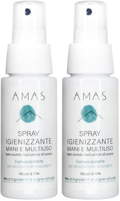 AMAS Spray Igienizzante - Mani e Multiuso - 98% Origine Naturale - Idratante, Emolliente, Dermoprotettivo - Con Olio Essenziale di Eucalipto - Ideale da portare a Scuola - 2x50ml - Alcool 70%