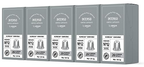 by Amazon - Cápsulas de café Intenso, tueste oscuro, compatibles con Nespresso, 100 unidades, 5 paquetes de 20, certificado Rainforest Alliance