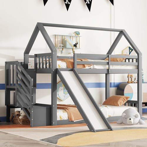 ZYLOYAL10 Lit superposé, avec escalier de rangement et toboggan, lit de maison, lit d'enfant, avec balustrade, convient aux enfants, adolescents, 90 x 200 cm, gris