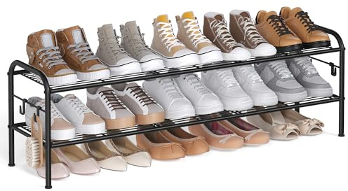 SONGMICS 2-Tier Metal Shoe Rack, Height-Adjustable, Holds 12 Pairs | Shoe Organizer with 4 Side Hooks, for Entryway, Hallway, Closet, Matte Black, Davian Collection LMR121B01