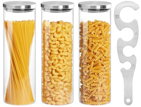 KUAOOAUK 3Pcs Spaghetti Container Storage, Food Storage Jars with Measuring Tool, Tall Clear Glass Canisters with Airtight Lids for Pasta Flour Oats Coffee Beans Pantry Containers(77oz)